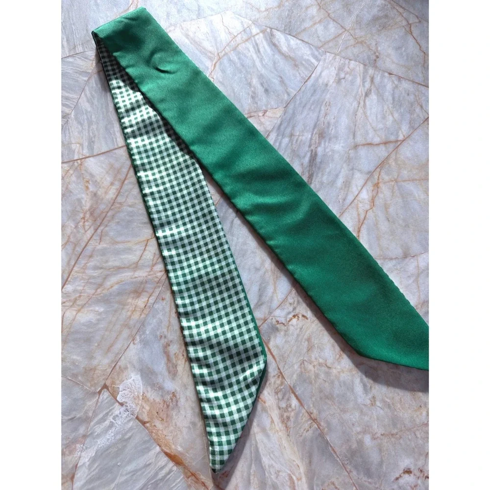 Green Satin Skinny Scarf Reversible Gingham Check Neck Tie Hair Ribbon 32 Inch